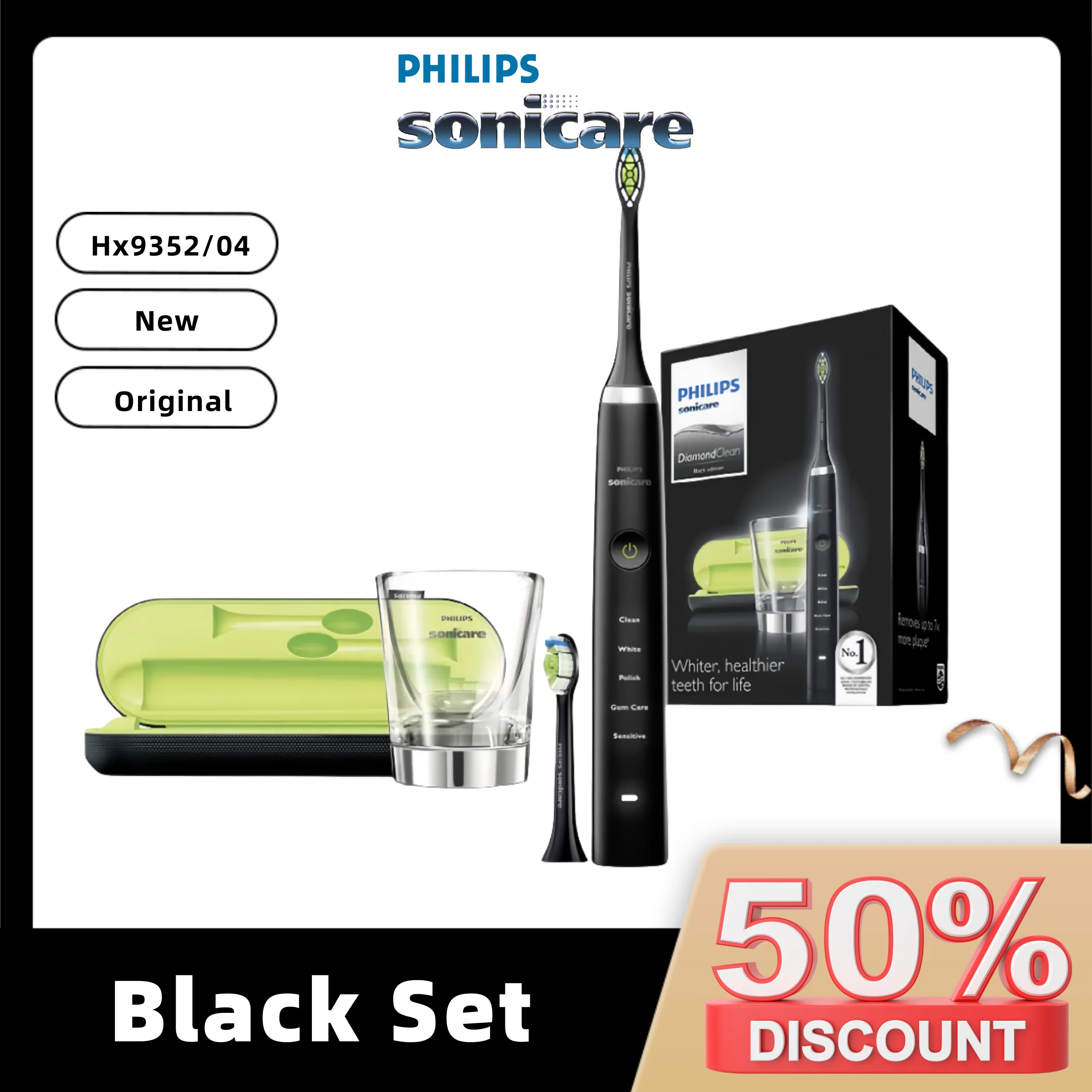 Philips Sonicare Toothbrush DiamondClean Sonic electric toothbrush HX9352/04 Black Edition with  replacement heads