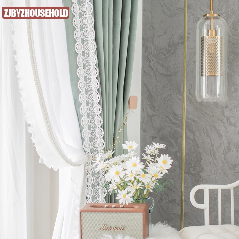 

New Avocado Green Curtains for Living Room Bedroom French Lace Romantic Girl Princess Bay Window Blackout Modern Simple Velvet