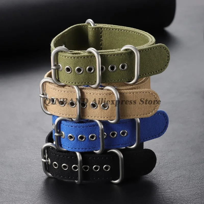 Military Nylon Watch Band with Silver Metal Ring Buckle - 18mm to 24mm Strap