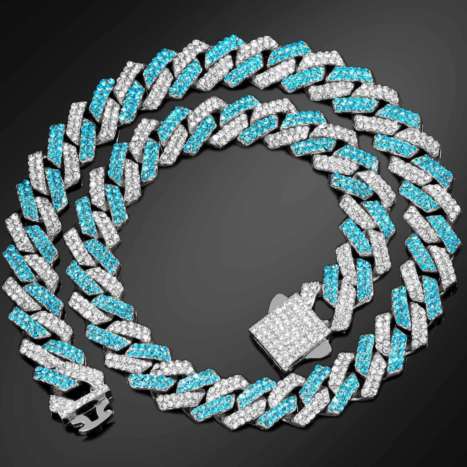 HipHop 14mm blau Raute kubanische Glieder kette Halskette für Männer Frauen bling Feder verschluss kubanische Kette Halskette Armband Set Schmuck – Detail 9