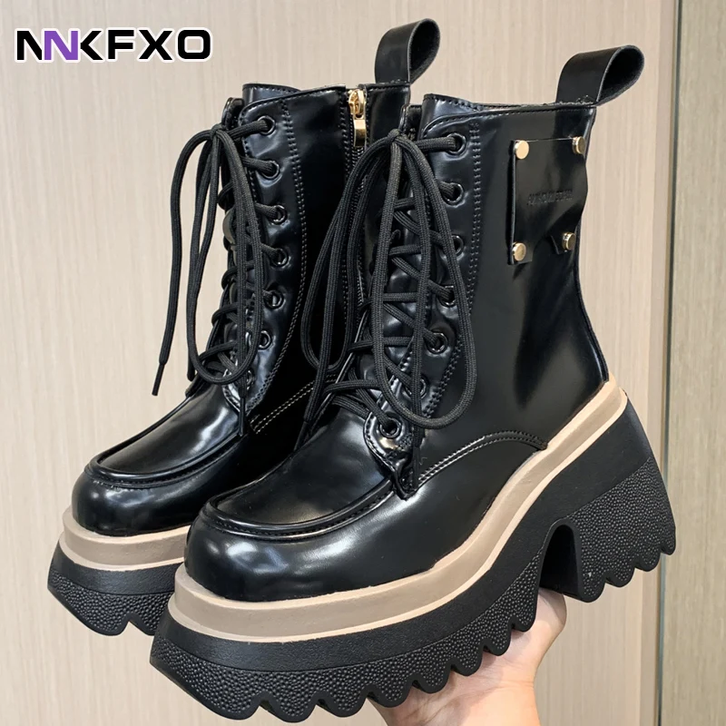 

2023 Woman Autumn Fashion Boots Ladies Chunky Wedge Platform Black Patent Leather Ankle Boots Punk Goth Style Boots QB071