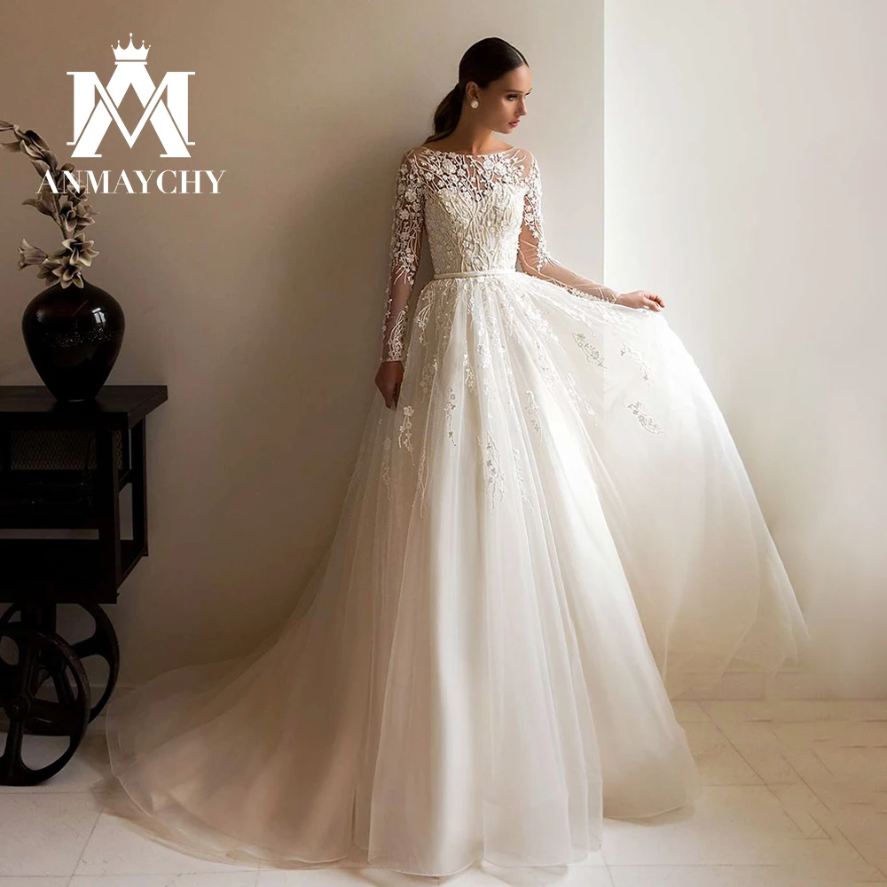 

ANMAYCHY A-Line Wedding Dresses For Women 2023 Long Sleeves Illusion Button Flowers Lace Beading Wedding Gown Vestidos De Novia