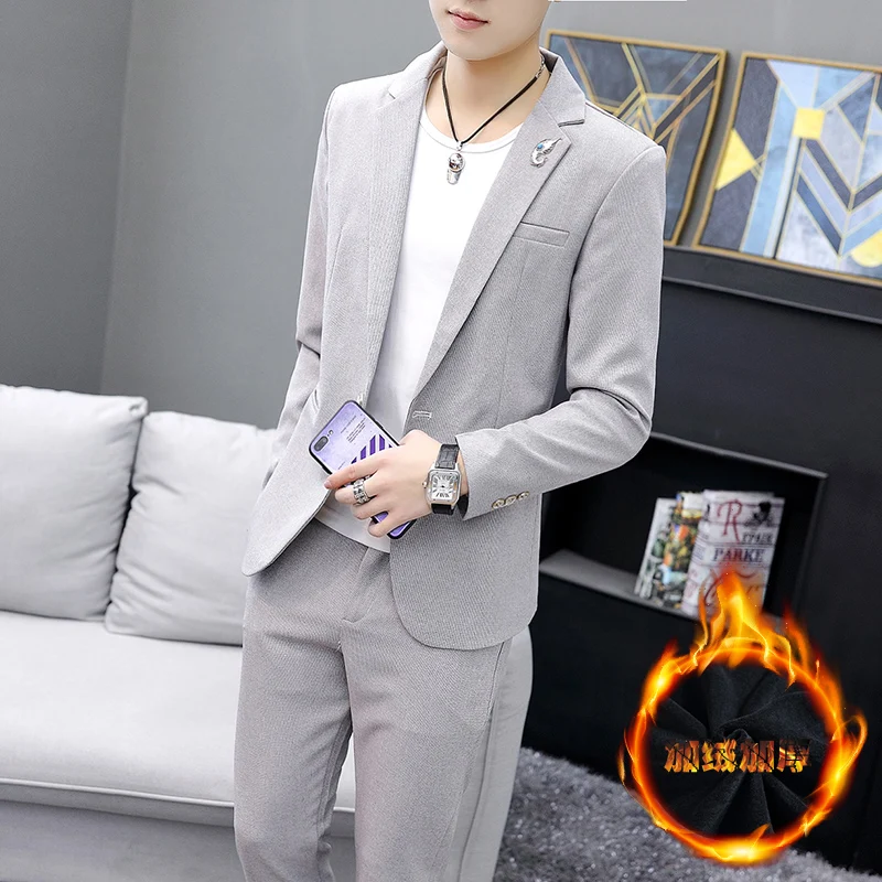 

2023Autumn and winter men's padded thickening (suit + trousers) fashion handsome two-piece suit formal jacket top jacket