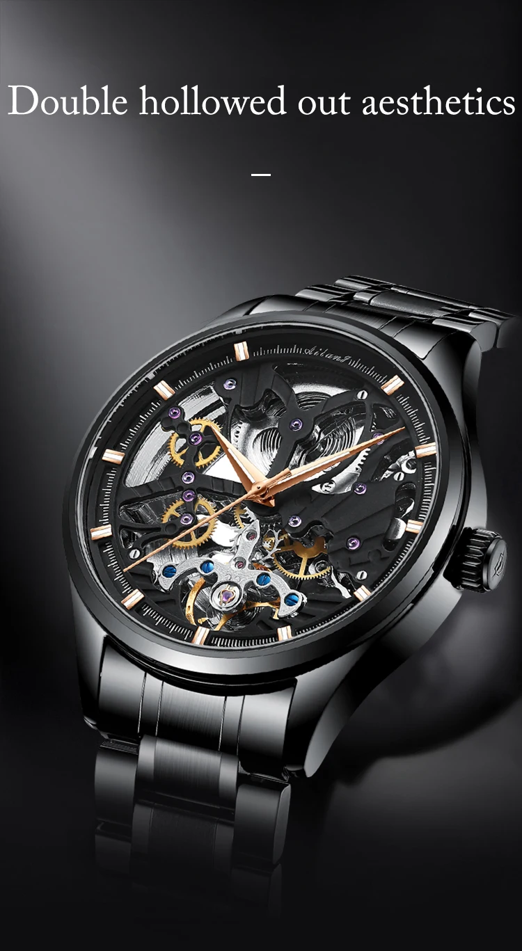AILANG Transparent Mode Diamant Leucht Getriebe Bewegung Royal Design Männer Top Marke Luxus Männlichen Mechanische Skeleton Armbanduhr – Detail 1