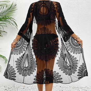 Women Lace Beach Kimono Bikini Cover up Bathing Suit Female Summer Floral Embroidery See-Through Swimsuit Crochet Beachwear 1