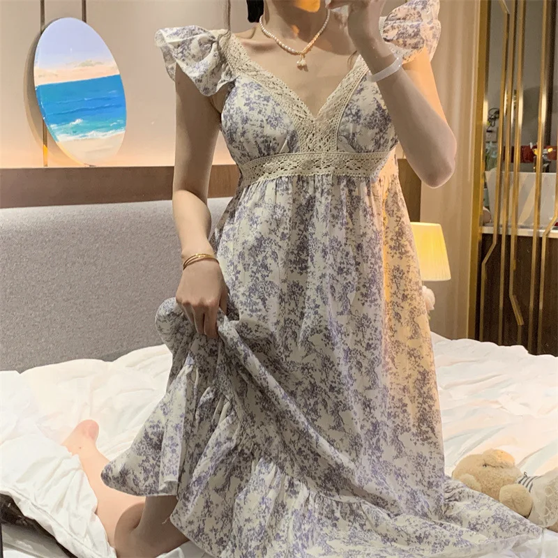 

Floral Print Sleepwear Womens with Pad Nightgown Korean Vintage Ruffles Night Dress One Piece Pajama Summer V-neck Home Wear New