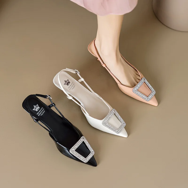 

Black square buckle rhinestone pointed back empty high-heeled Baotou sandals female spring and summer 2023 new stiletto pumps.