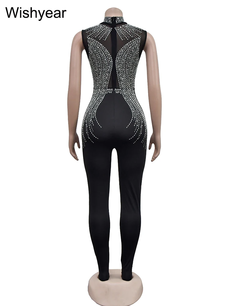 Wishyear Sexy One Piece Suit Club Outfits Women See Through Mesh  Diamonds Rhinestone Skinny Sleeveless Birthday Night Jumpsuit