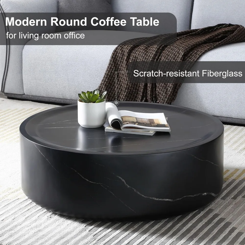 Modern Round Coffee Table for Living Room, Circle Coffee Table Faux Black Pattern Center Table for Apartment, No Need Assembly 3