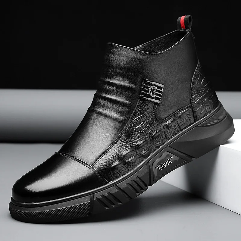 Winter Men Ankle Boots Crocodiles Pattern Fashion HighTop British Style Ninja Plush Cotton Shoes