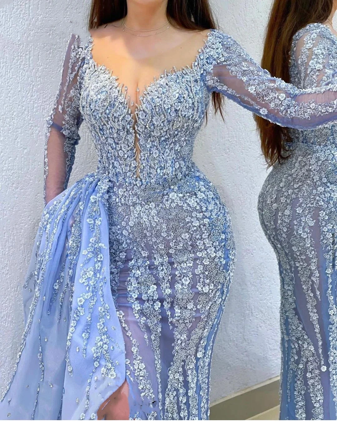 فساتين سهرة فاخرة للنساء برقبة شفافة وفتحة جانبية...