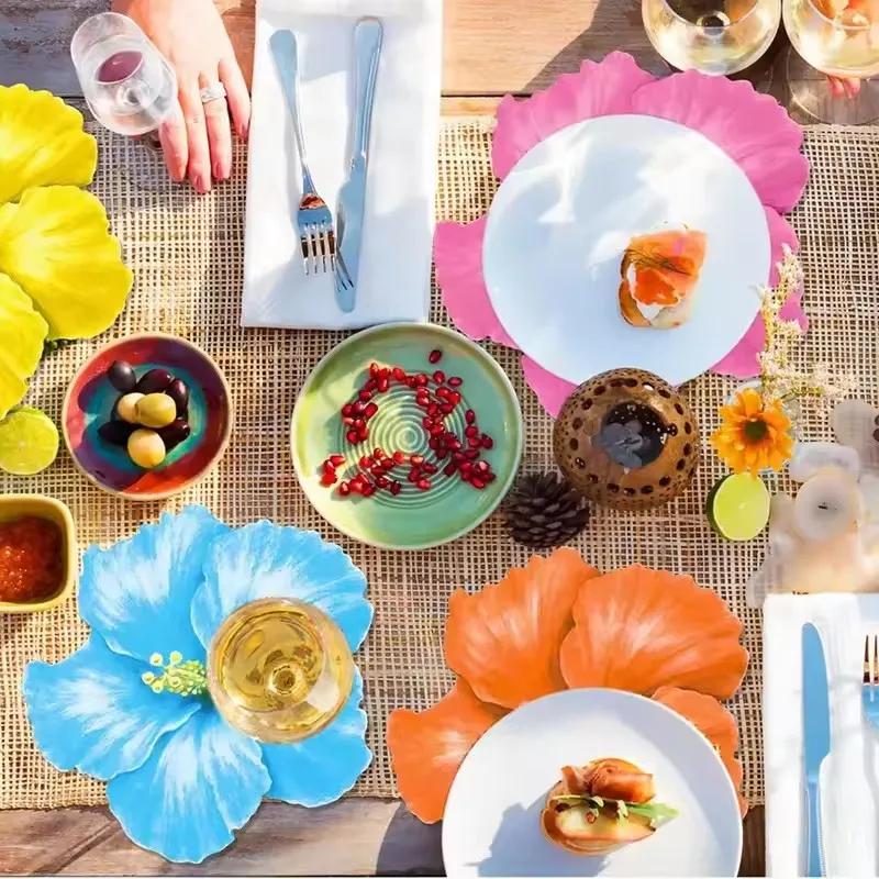 8Pcs Hawaiian Hibiscus Flower Shape Paper Placemat Summer Kids Birthday Party Dining Table Decoration Supplies Wedding Tablemat