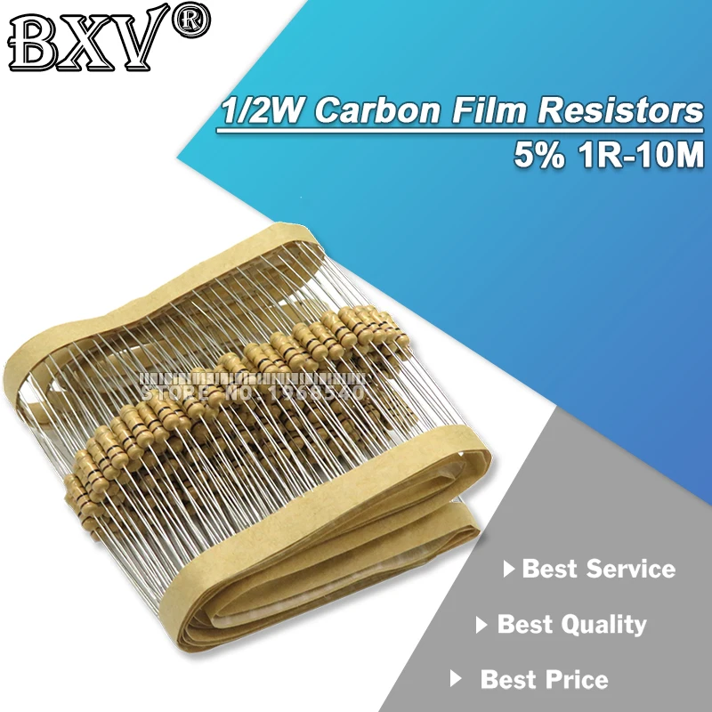 

50PCS Carbon Film Resistors 1/2W 5% 1R-10M 10R 47R 100R 220R 1M 3M3 Ohm Color Ring Resistance 1K 10K 4K7 100K 560K 200K