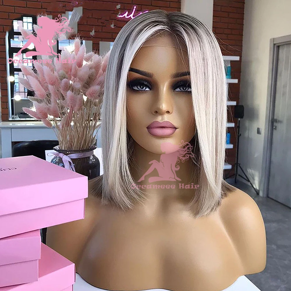 Perruque Bob Lace Front Wig Remy Brésilienne Naturelle, Cheveux Lisses, Couleur Blond Ombré, Bords Complets, à Reflets, pour Femme