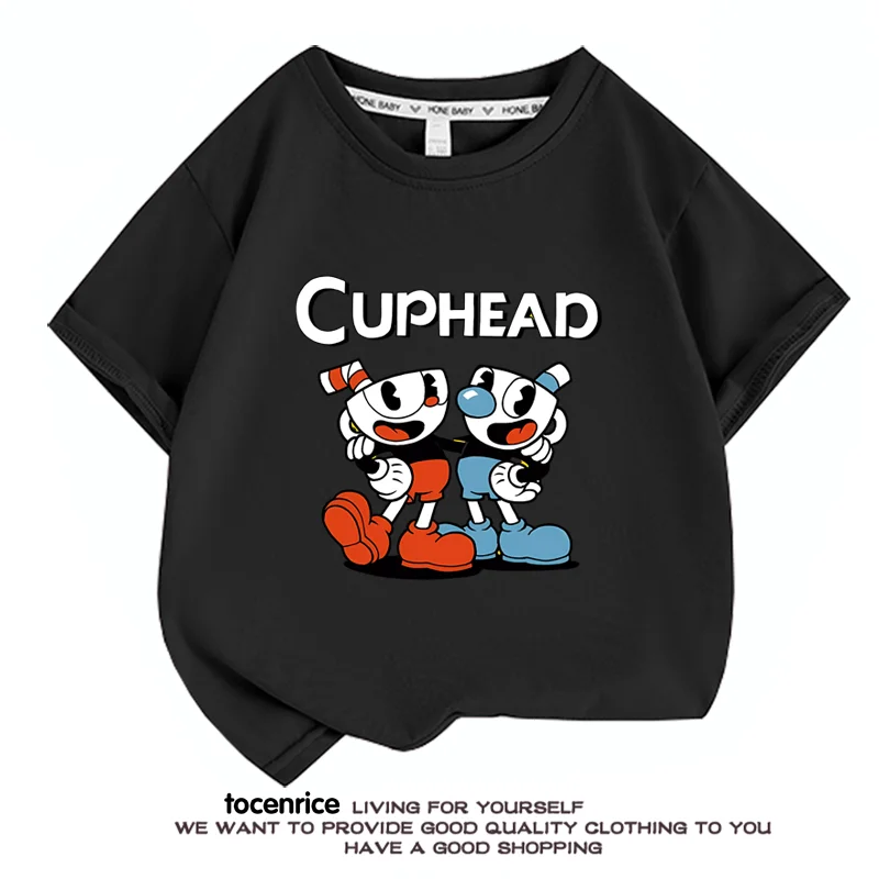 

New Kids' CUP HEAD Funny Print Cozy Short Sleeves Summer Tops Cute Sweatshirt Clothes for Baby Boys Fashionable Toddler Outfit