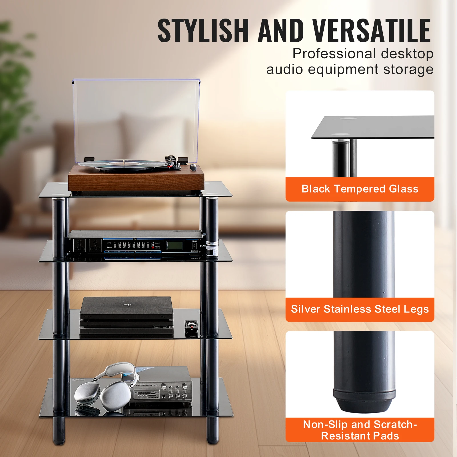 4-Tier AV Media Stand Audio/Video Stand with Strengthened Tempered Glass Shevles for DVD Adjustable Media Storage Cabinet
