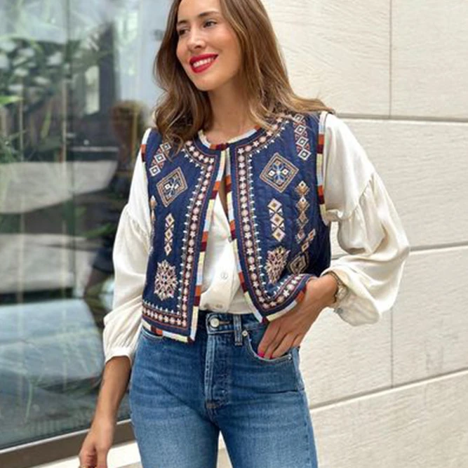 Damesgilet Vintage Bloemen Geborduurd Crop Vest Casual