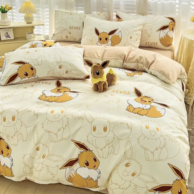 Ensemble de 4 pièces série Pokémon Dragon Eevee, ensemble de 3 pièces de dessin animé pour enfants, housse de couette, taie d'oreiller et drap, 100% coton 1