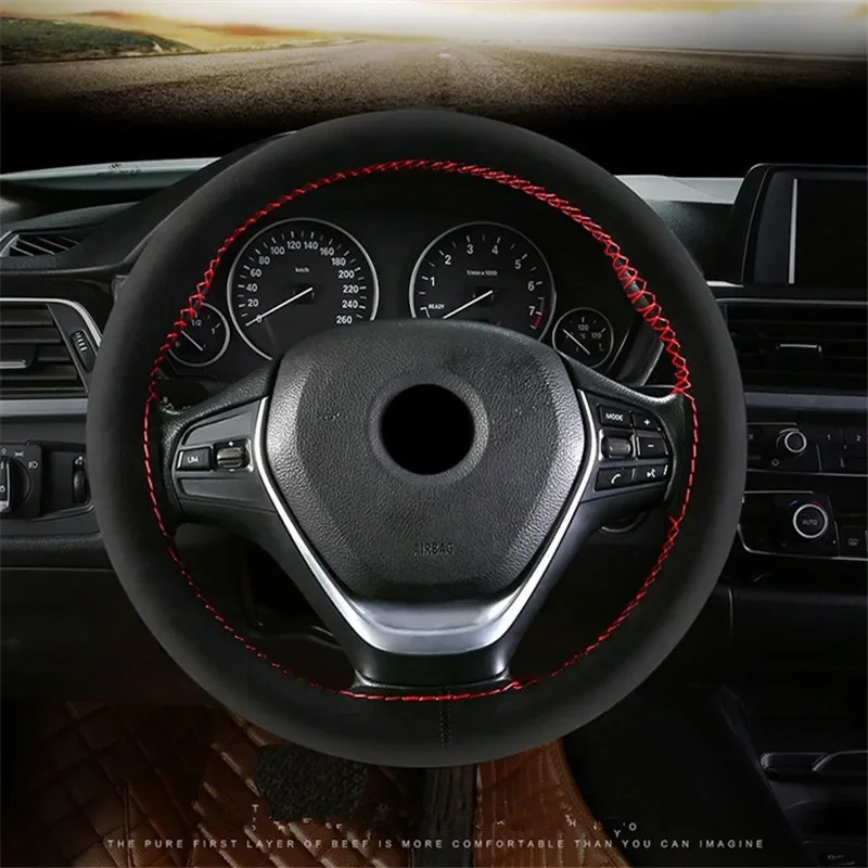 35cm/38CM Premium Fur Steering Wheel Cover Braiding Car Steering Wheel Case Non-slip Suede Matte Leather Braiding Steering Wheel Cover