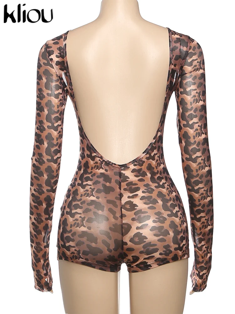 kliou Mesh Leopard Frauen Playsuits Sexy Hot Dünne Durchsichtig Backless Volle Hülse Körper-gestaltung Romers Weibliche Atemberaubende Clubwear – Detail 4