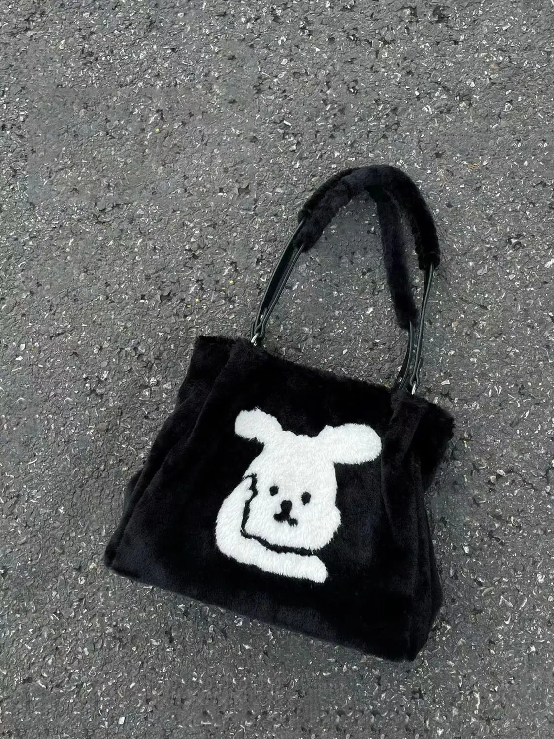 JIAERDI Harajuku Black Tote Bag Women New Autumn Plush Animal Pattern Casual Shoudler Bag Female Vintage Black Underarm Bag Y2k
