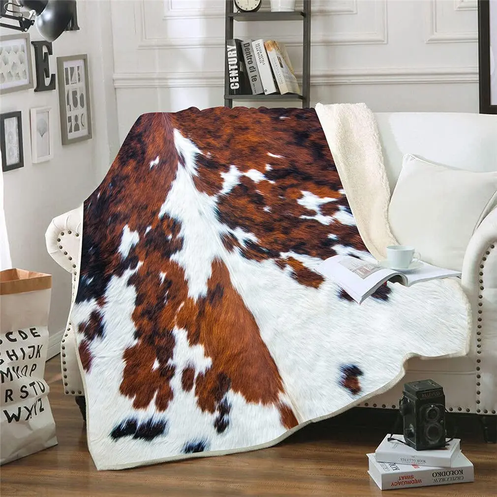 Brown Cow Pattern Flannel Fleece Blanket Highland Cattle Print Throw