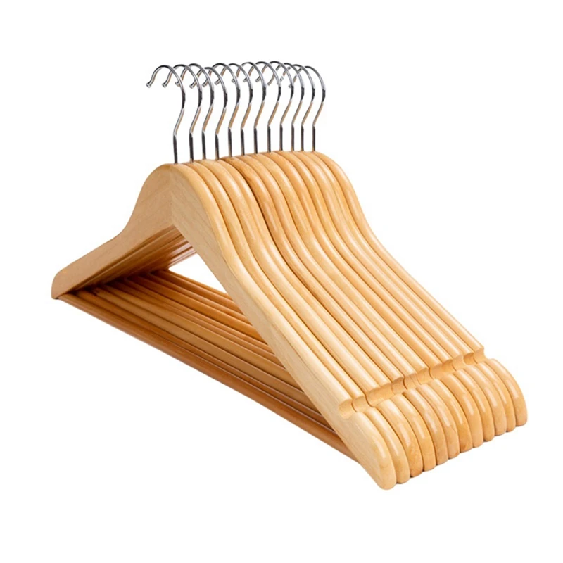 

Solid Wood Suit Hangers 12 Pack With Non Slip Bar And Precisely Cut Notches 360 Degree Swivel Chrome Hook Wooden Hangers