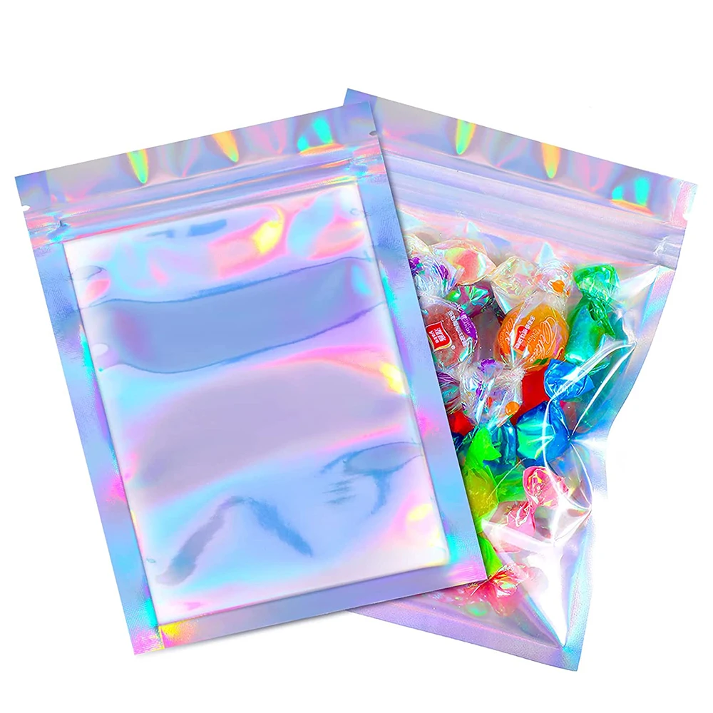 50pcs/lot Thicken Resealable Ziplock Bags Holographic Laser Plastic Pouch for Jewelry Packaging Smell Proof Food Storage Bag 50pcs smell proof mylar bags visible holographic packaging bag resealable ziplock opp bags foil pouch bags for jewelry packaging