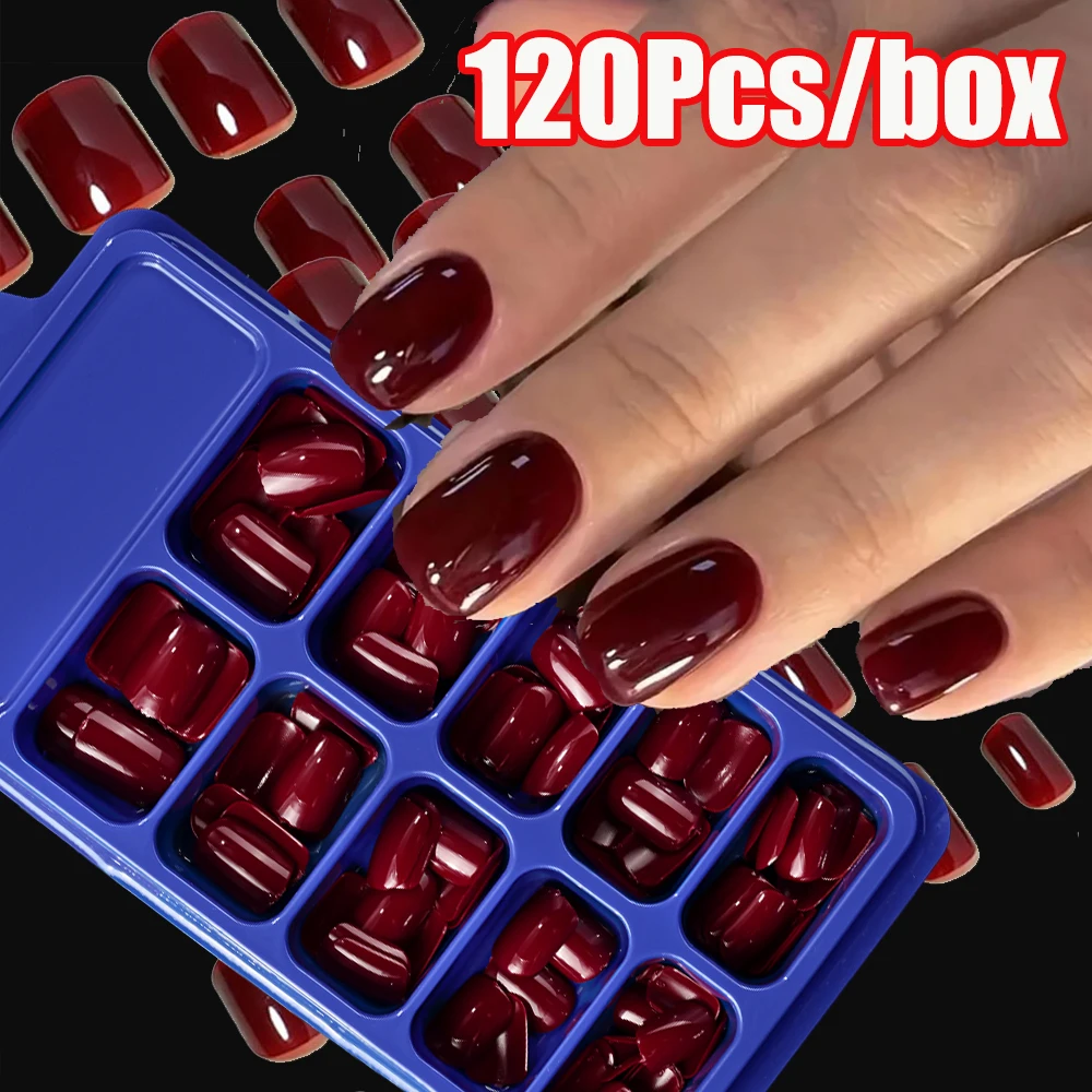 Cherry Red Short Square Press On Nails Full Cover Glossy Tips_voghion.com