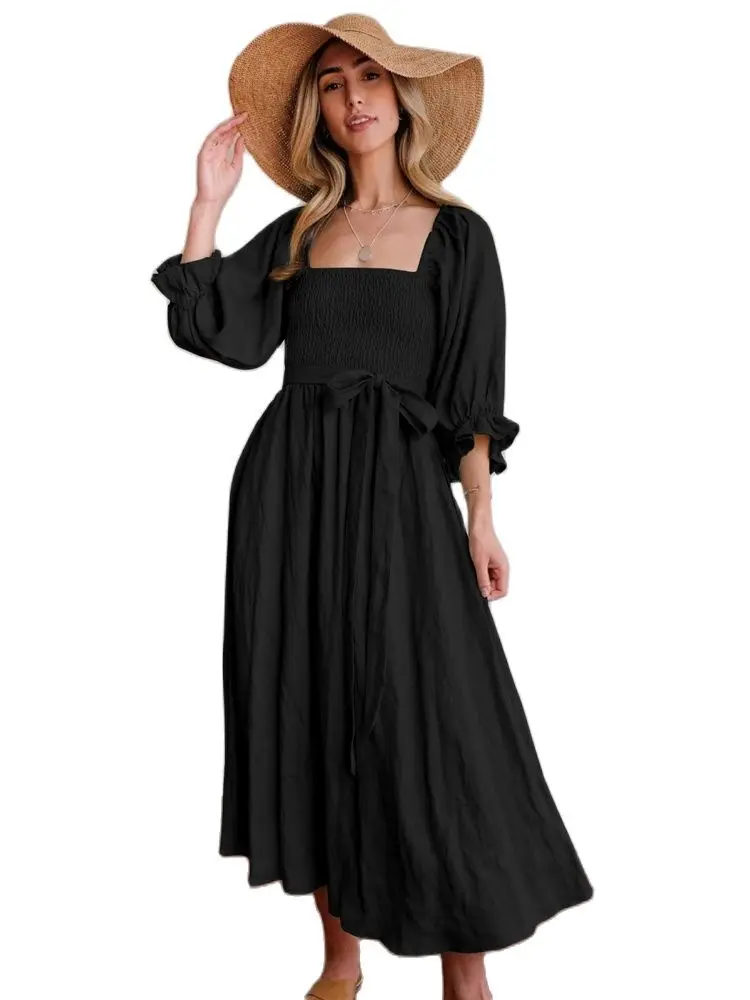 

Xylocarp-Female Ruffled Lantern Sleeve Dress, Tied Rope Belt, Autumn, New, GQPL, 2022