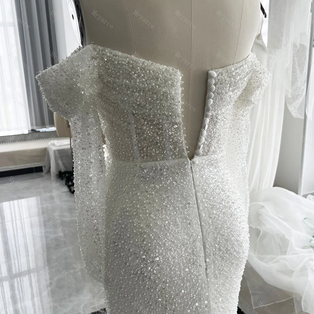 Mryarce Schulterfreies Luxus-Brautkleid mit Perlen, abnehmbaren Ärmeln und abnehmbarer Schleppe – Detail 5