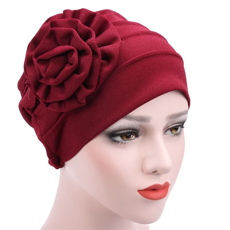 Women New Large Flower Stretch Scarf Hat Ladies Elegant Fashion Hair Accessories Chemo Hat Women Turban Bandanas Wholesale 5