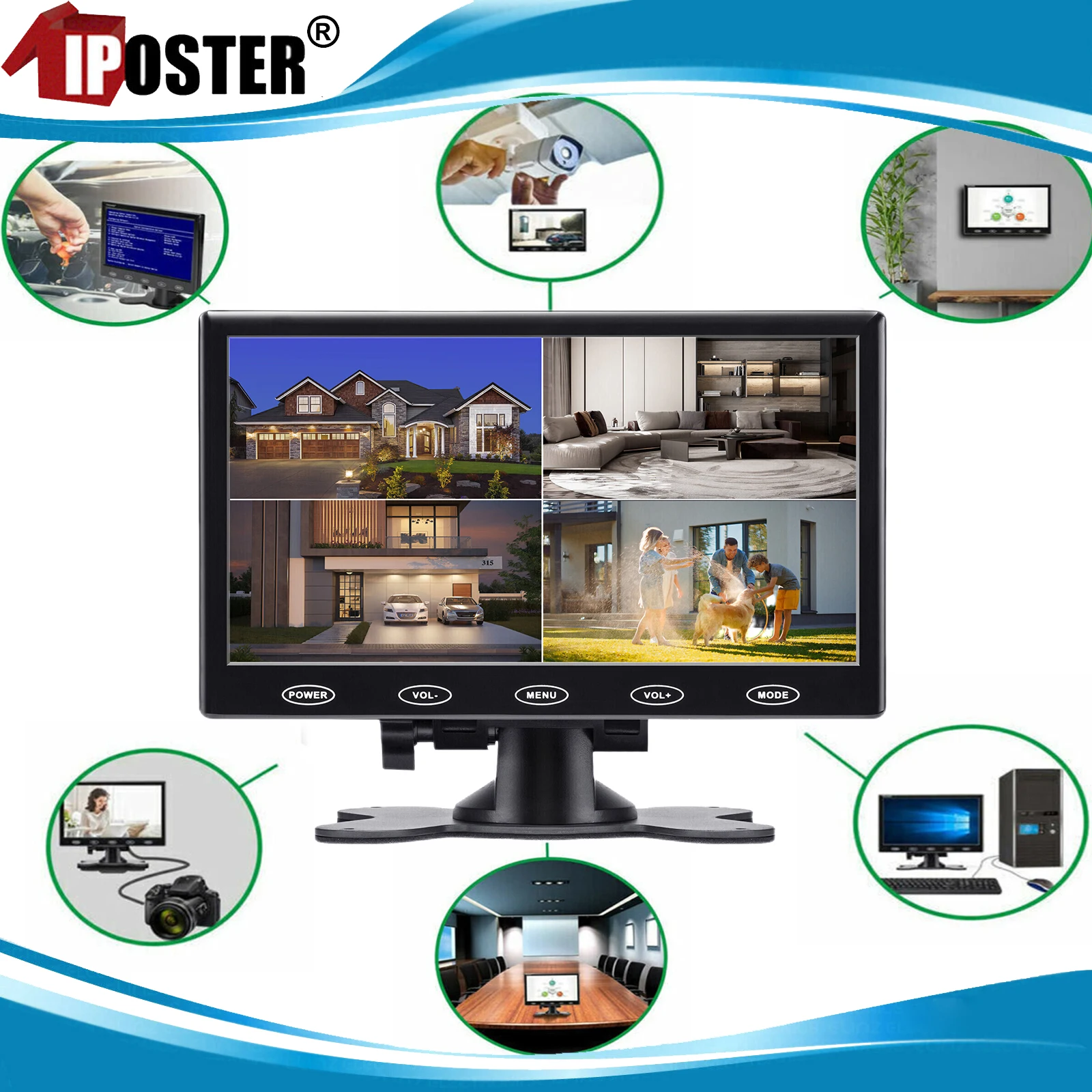 iposters-ポータブルhdモニター、7インチ液晶画面、内蔵av、vga、hdmiスピーカー、pc用av、車のデジタルカメラ、rvバス用の4分割画面