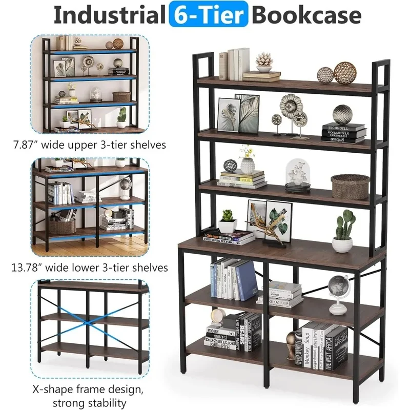 Bibliothèque industrielle à 6 niveaux avec étagères ouvertes, support de rangement avec cadre en forme de X, bibliothèque rustique, lot de 2