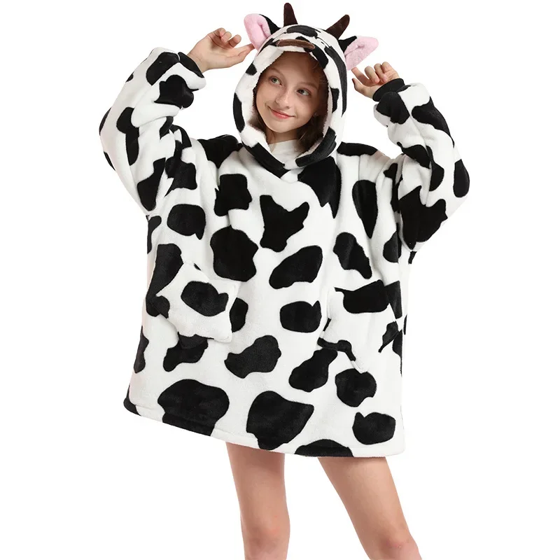 Winter Sherpa Blanket Hoodie Baby Kids Sleepwear Robe Flannel Warm Bathrobe For Girls Boys Pajamas Children's Dressing Gown