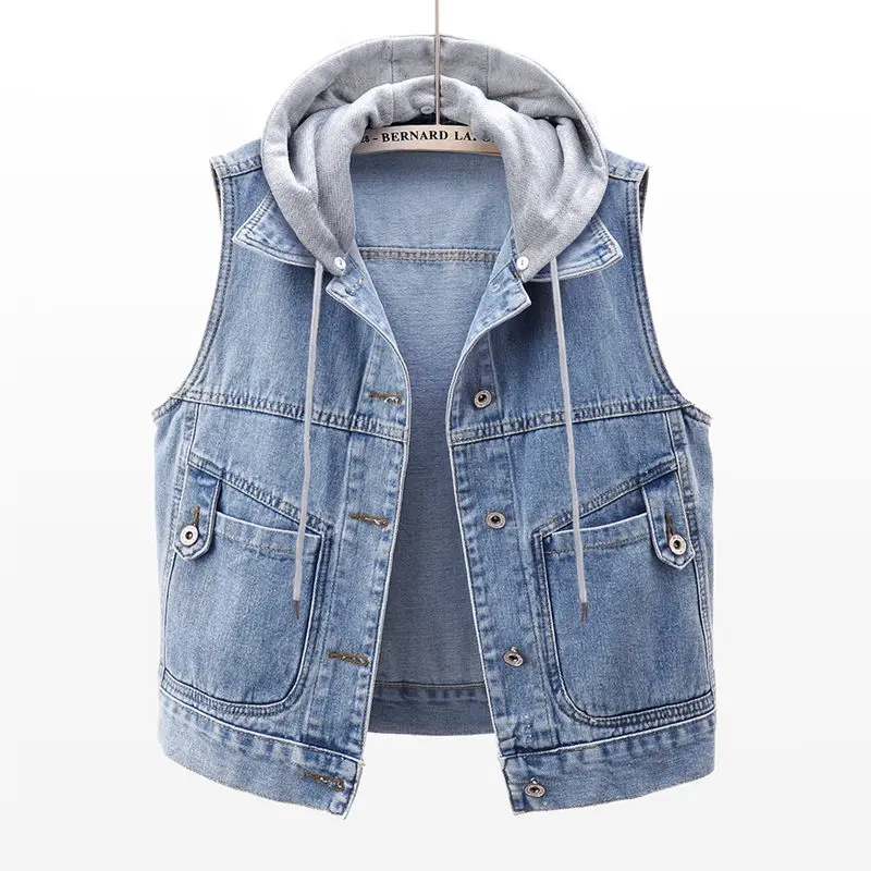 2022 Spring And Autumn Fashion Button Hooded Denim Vest Women's Short