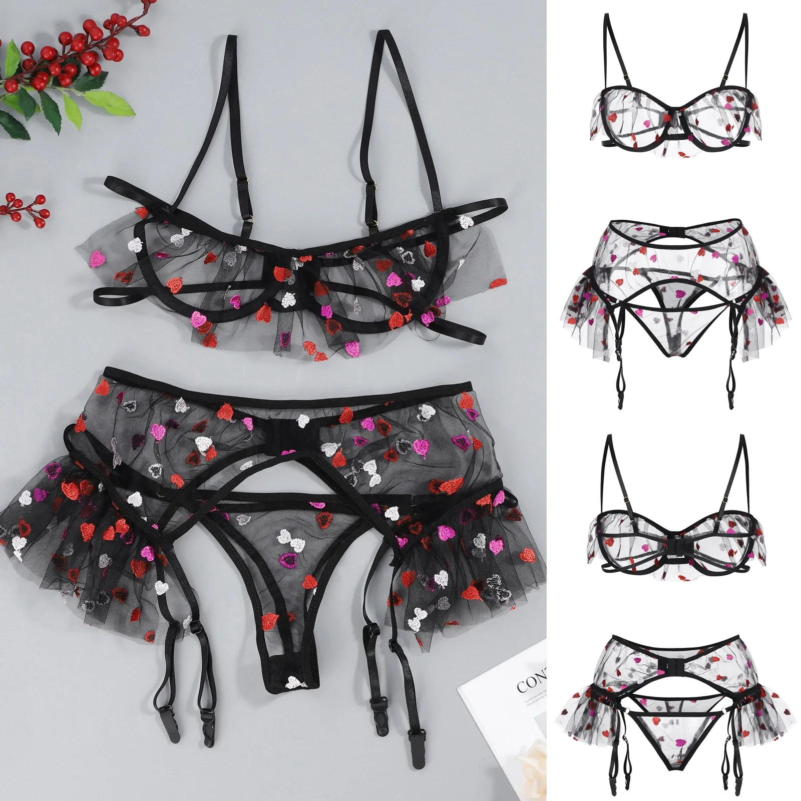 Lingerie sexy amore ricamo a forma di cuore reggiseno perizoma perizoma giarrettiera set di biancheria intima erotica donna prospettiva a rete esotica_voghion.com