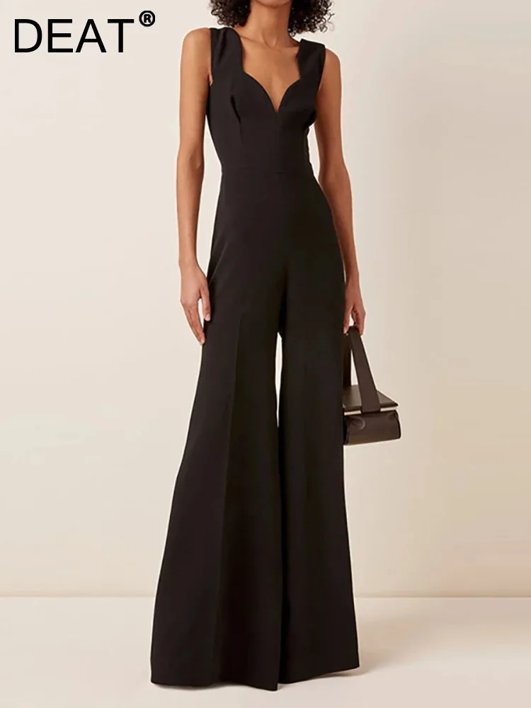

DEAT Elegant Jumpsuits Deep V-neck Backless High Waist Loose Black Women's Customized Party Playsuits 2024 Spring New 13DB2536