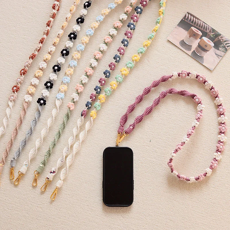

1 Pcs 120cm Pearl Daisy Hand-Woven Bag With Mobile Phone Lanyard Messenger Hand Carry Woven Flower Backpack With Keychain