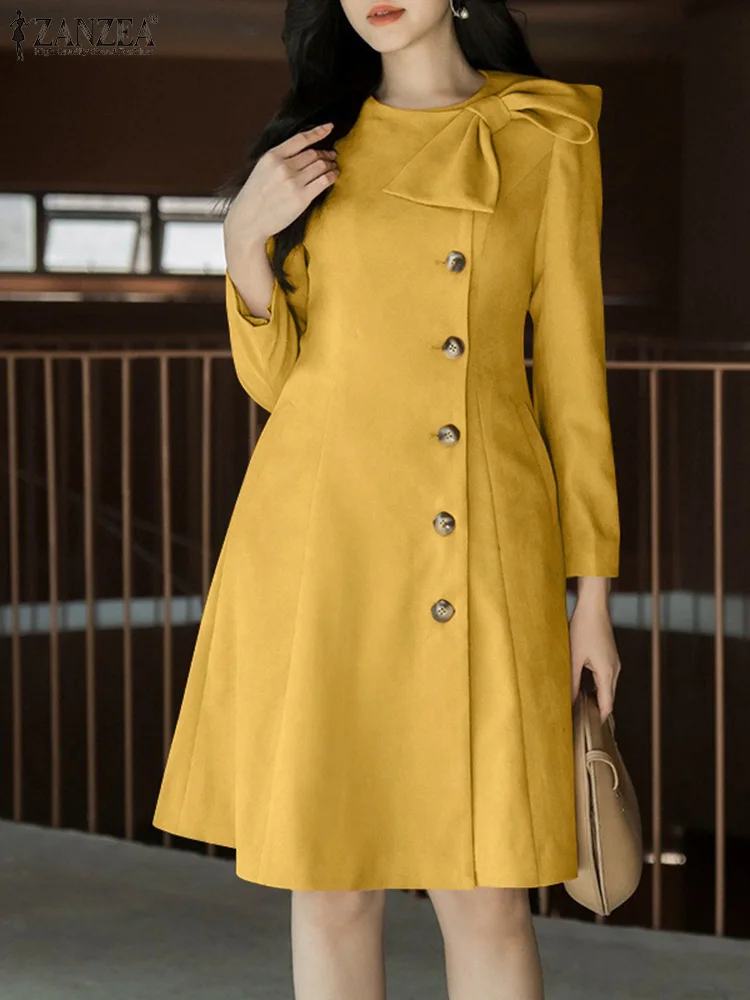 

Fashion Women Solid Sundress ZANZEA Elegant Party 2024 Bow Tie Neck Knee-Length Dress Casual 3/4 Sleeve Buttons Office Vestidos