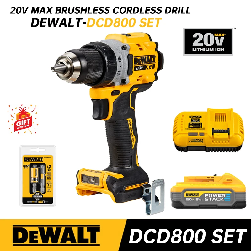 DEWALT DCD800 Cordless Drill Driver 20V Lithium Battery 2000 RPM Brushless Motor Rechargeable Drill Power Tools DCD800 SET mean well rsp 2000 48 42a rectifier 2000w 48v switching power supply