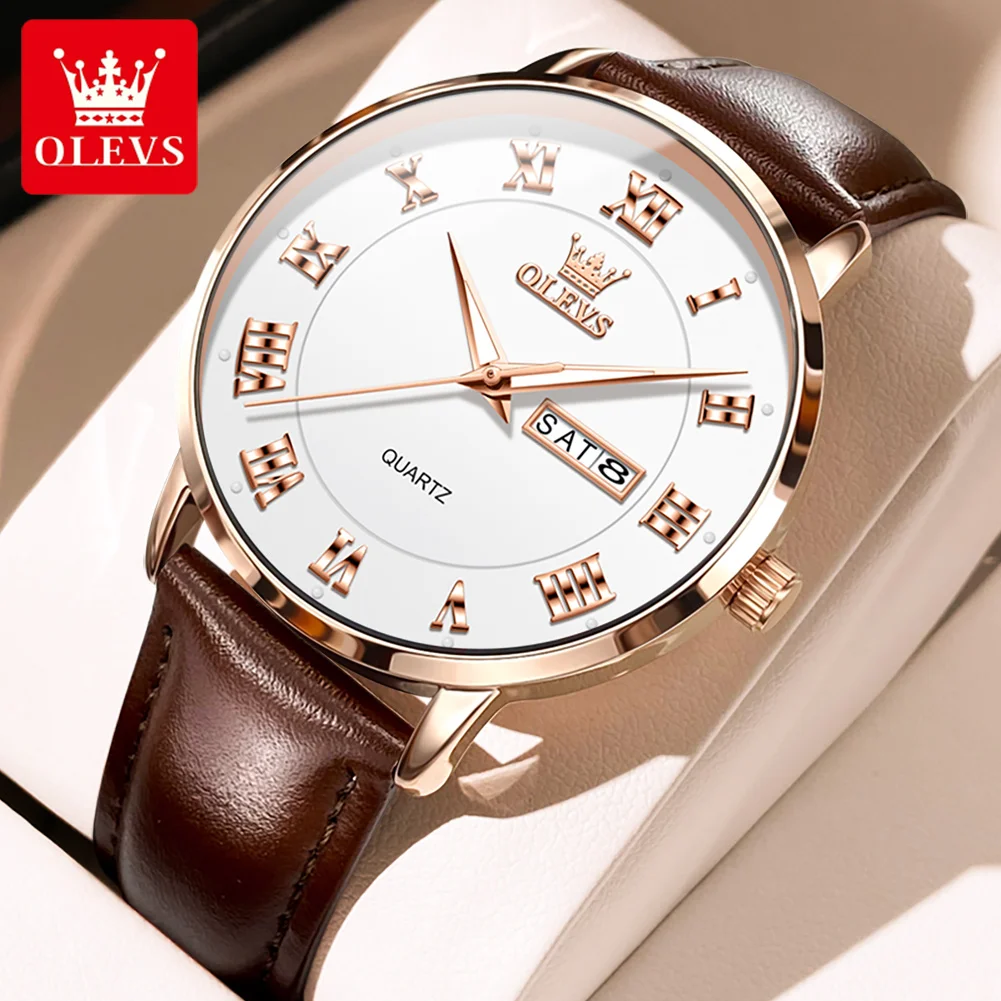 OLEVS Fashion Simple Quartz Watch for Men Leather Strap Waterproof Week Date Mens Watches Top Brand Luxury Relogio Masculino