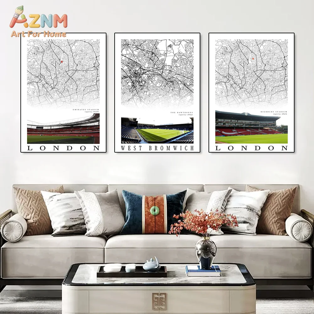 UK Football Stadium City Map Canvas Wall Art - Black and White Soccer Fan Home Decor (Unframed)