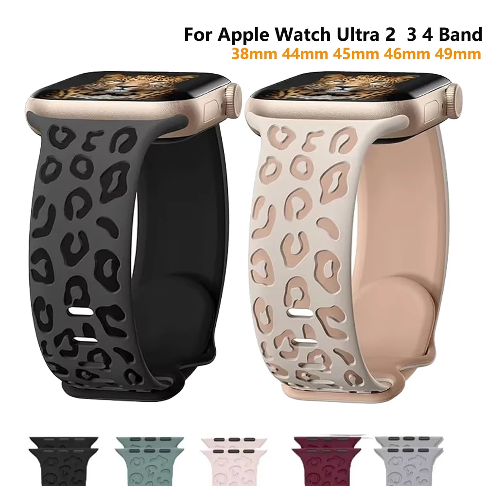 Graviertes Leopardenarmband für Apple Watch Ultra 2 3 4, 49 mm, 44 mm, 40 mm, 45 mm, 38 mm, Silikonarmband, iWatch Series 10 11 12 9 8 SE
