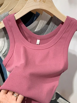 سترة نسائية مضلعة محبوكة ، توبات بدون أكمام ، توب قصير ، رقبة دائرية ، كاميس أحادي اللون ، ملابس شارع قصيرة ، موضة لياقة بدنية ، صيف