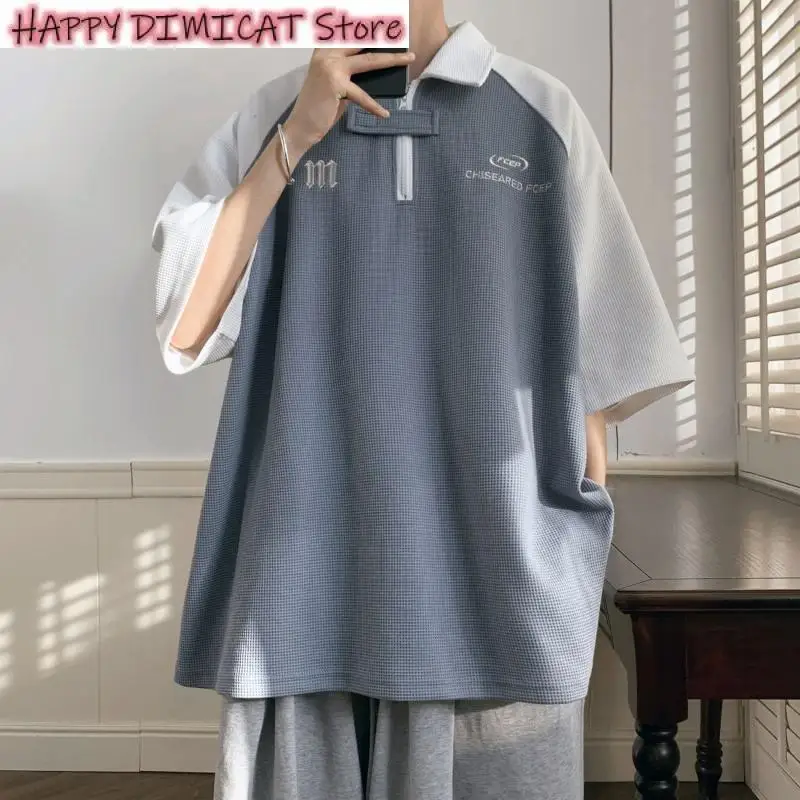 

Men's Shirt Summer American Contrast Waffle Lapel Letter Print Short Sleeve Tees High Street Loose Turn Down Collar Shirt