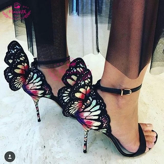 

Meariasth 2023 Butterfly Wings Summer Peep Toe Sandals Women Shoes Stiletto High Heel Mixed Color Buckle Strap Sandals Sandalias