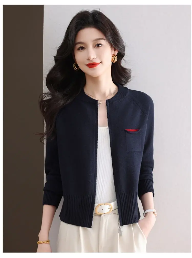Frühling Herbst Frau Kleidung Zipper Kurze Tops Weibliche Stricken Woolen Pullover Jacke Mode Oansatz Langarm Jumper Mantel – Detail 8