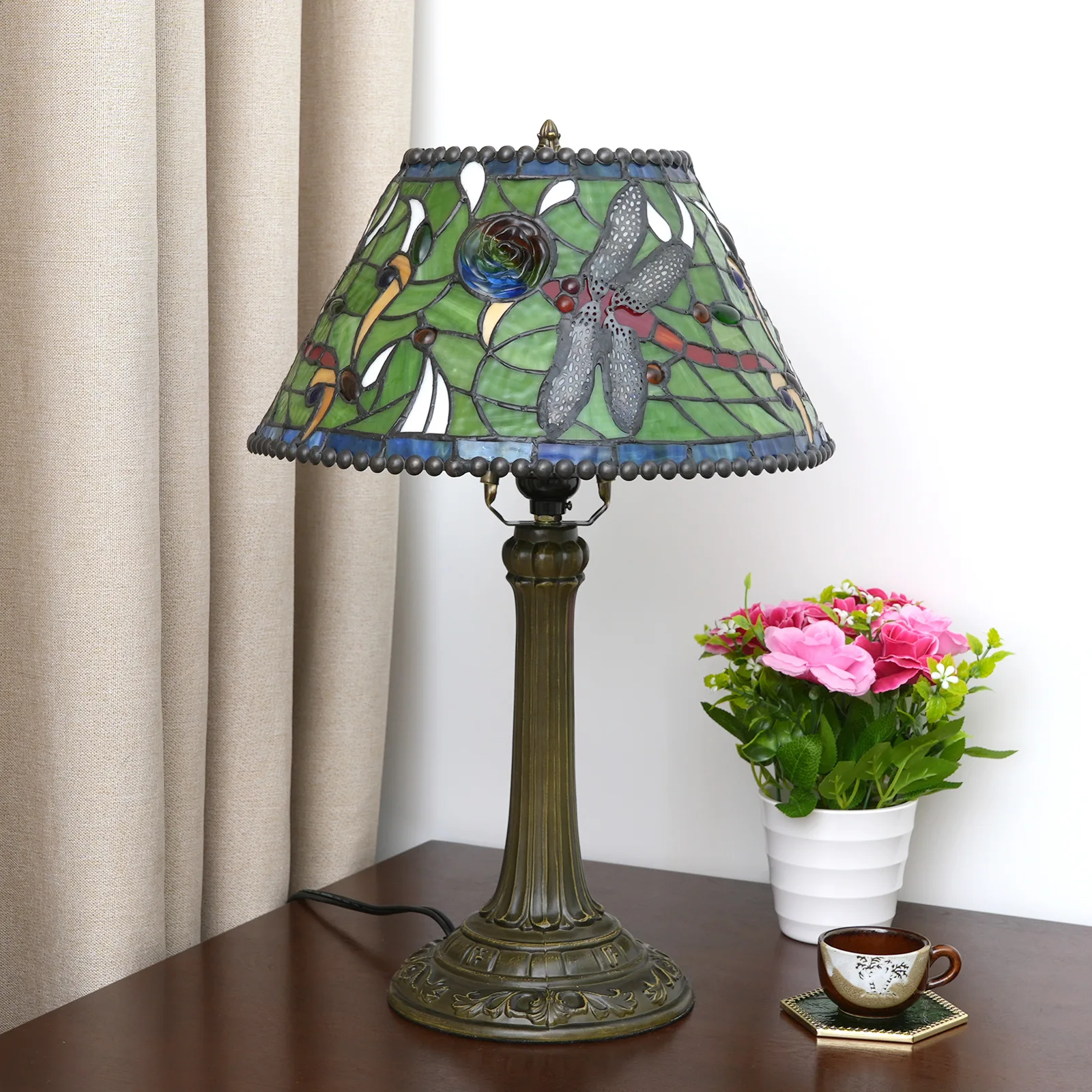 12 Inches Lampshade Stained Glass American Dragonfly Flower Vintage Bronze Flush Mount Tiffany Table Lamp 6