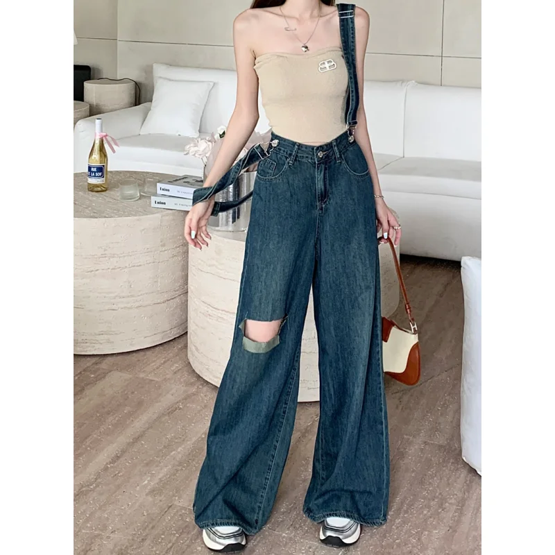 

Blue Jeans Women Overall High Waisted Vintage Baggy Pants American Fashion Denim Y2K Style Summer Straight Wide Leg Trouser